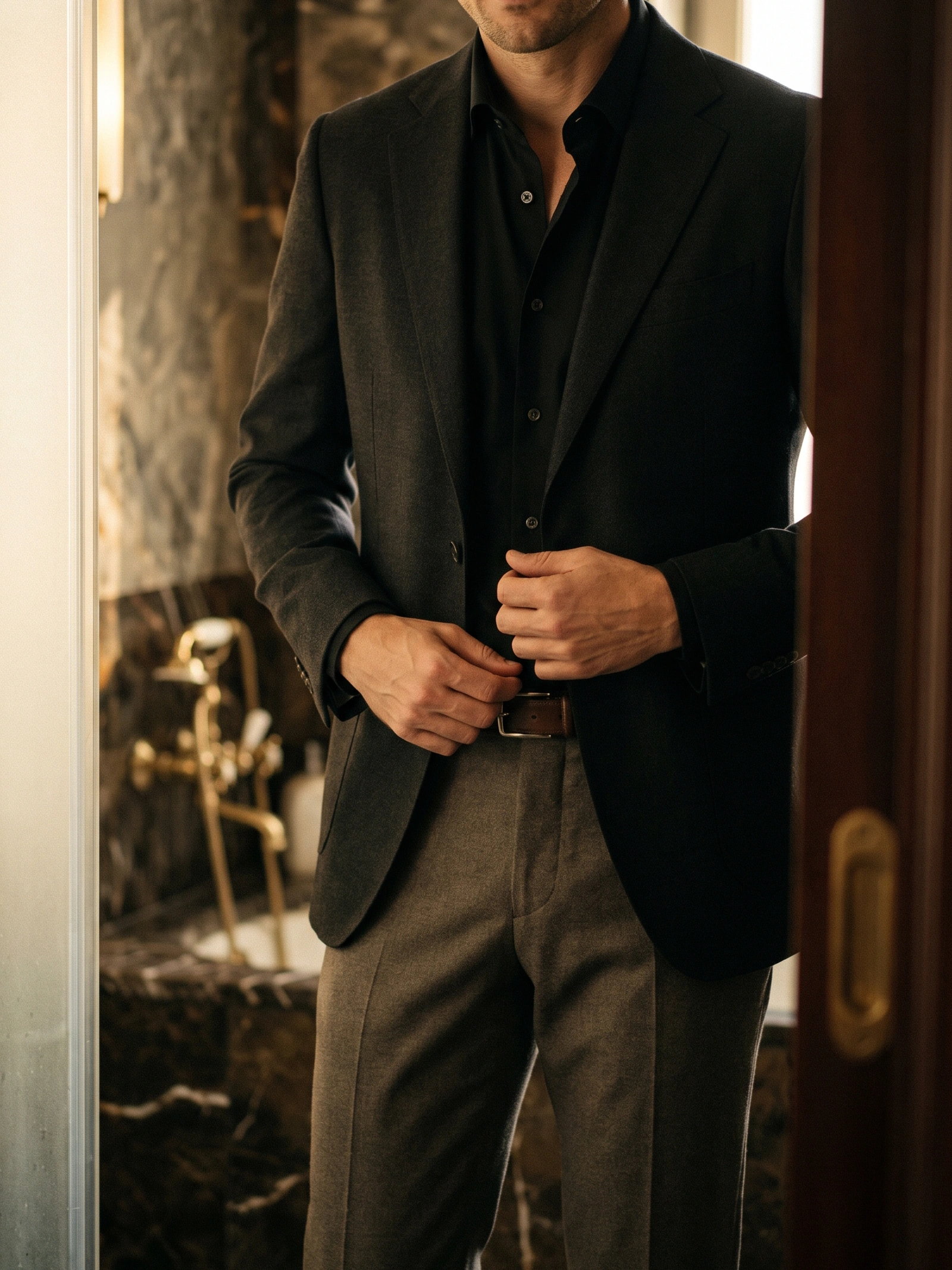 Hombre ajustándose la chaqueta al salir de un baño elegante.