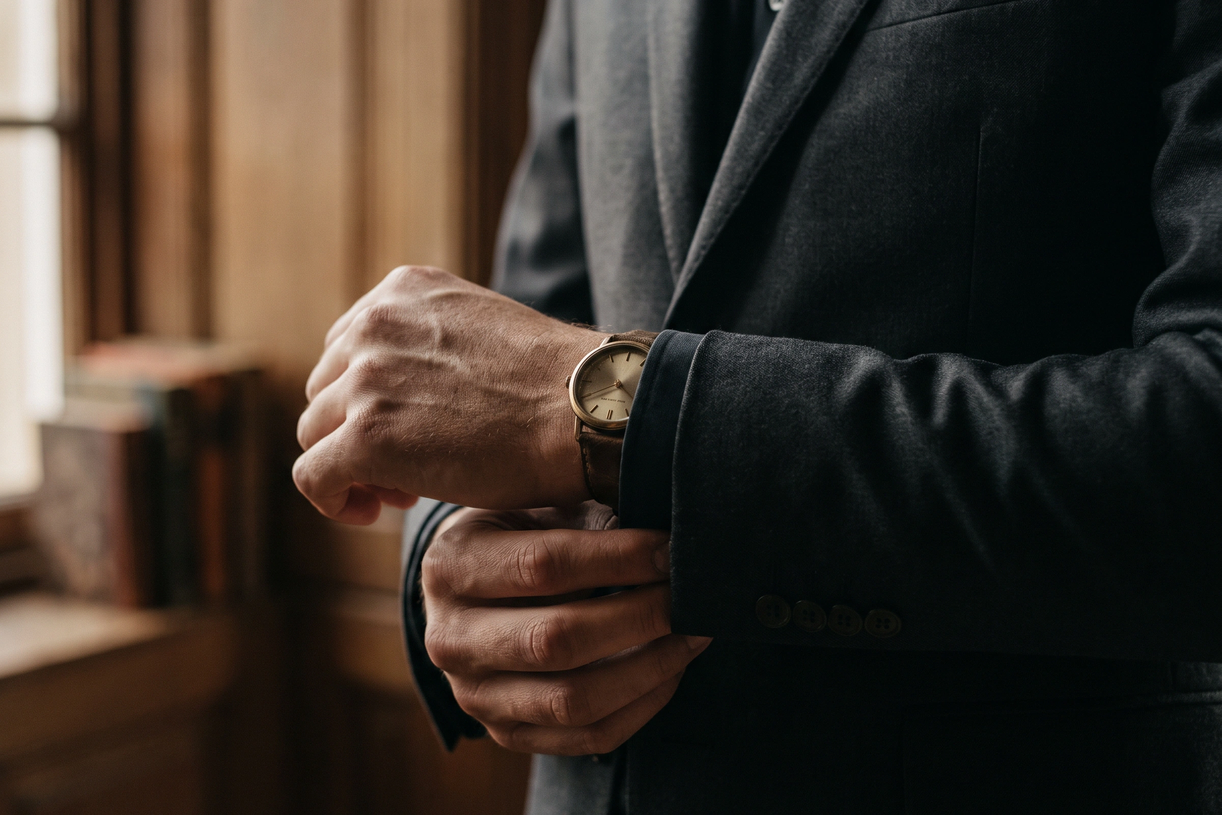 Hombre elegante ajustándose el reloj, gesto de cuidado y confianza.