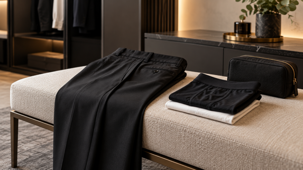 Pantalón negro y ropa interior limpia doblados junto a un neceser en un vestidor