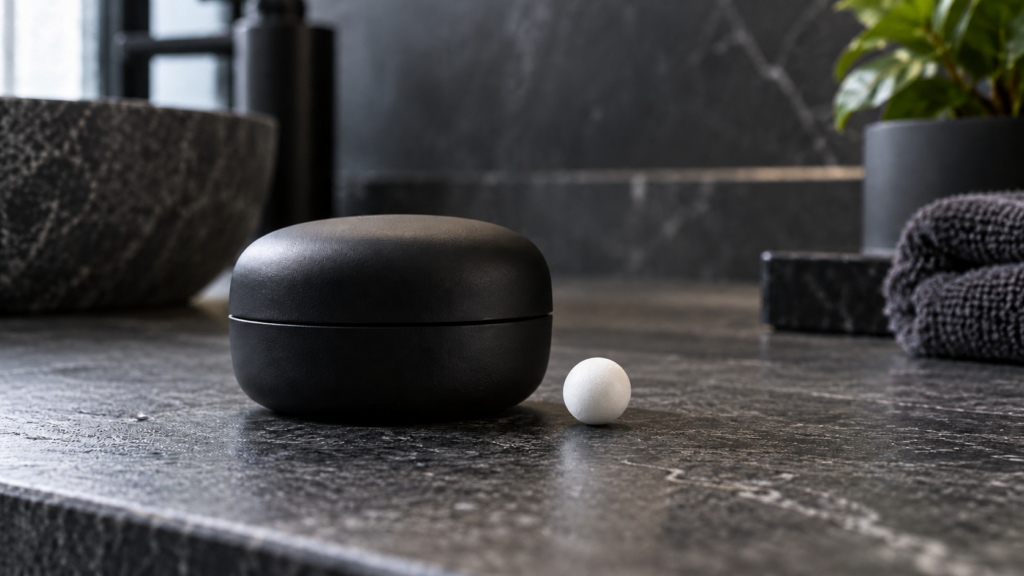 Una esfera blanca pequeña y un estuche negro sin marca sobre piedra oscura