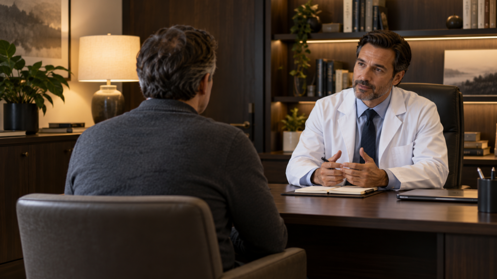 Un hombre conversa con un profesional sanitario en una consulta tranquila