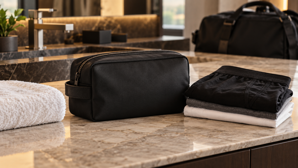 Neceser negro, toalla blanca y ropa interior doblada preparados para un viaje